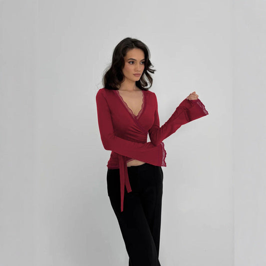 Women's Wrap Top with Elegant Lace Trim WW