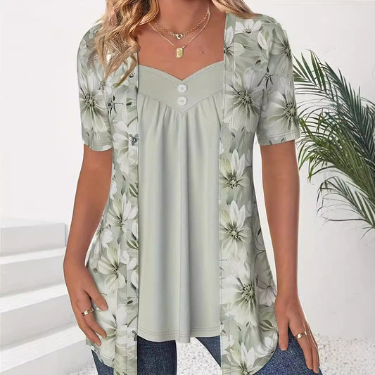 WW | Tops Loose Fit Sweetheart Neckline Floral Print Layered Look
