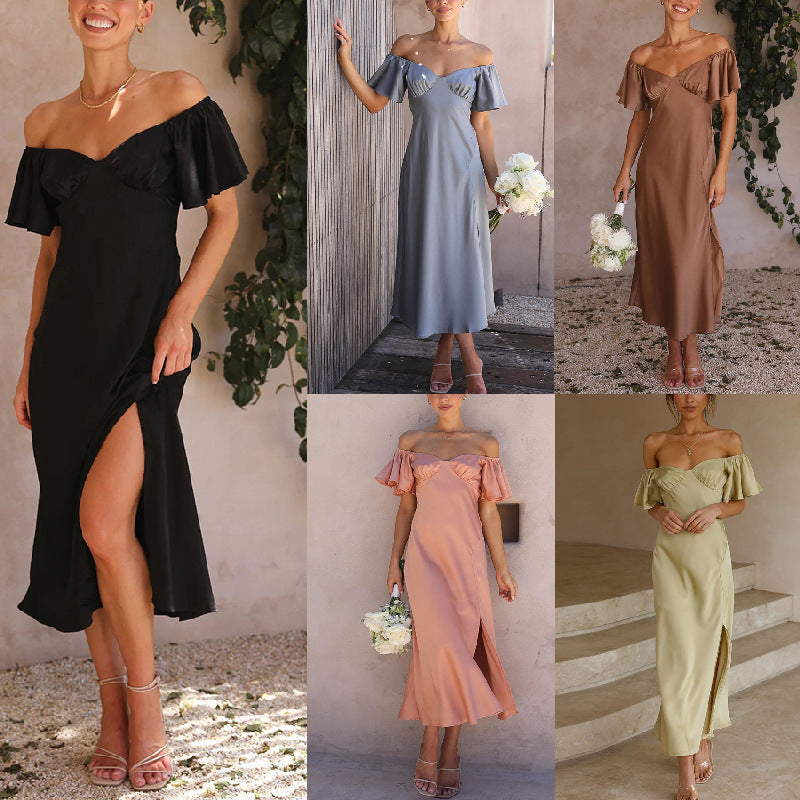 Damen Off-Shoulder Midi-Kleid mit voluminösen Ärmeln und eleganten Akzenten WW