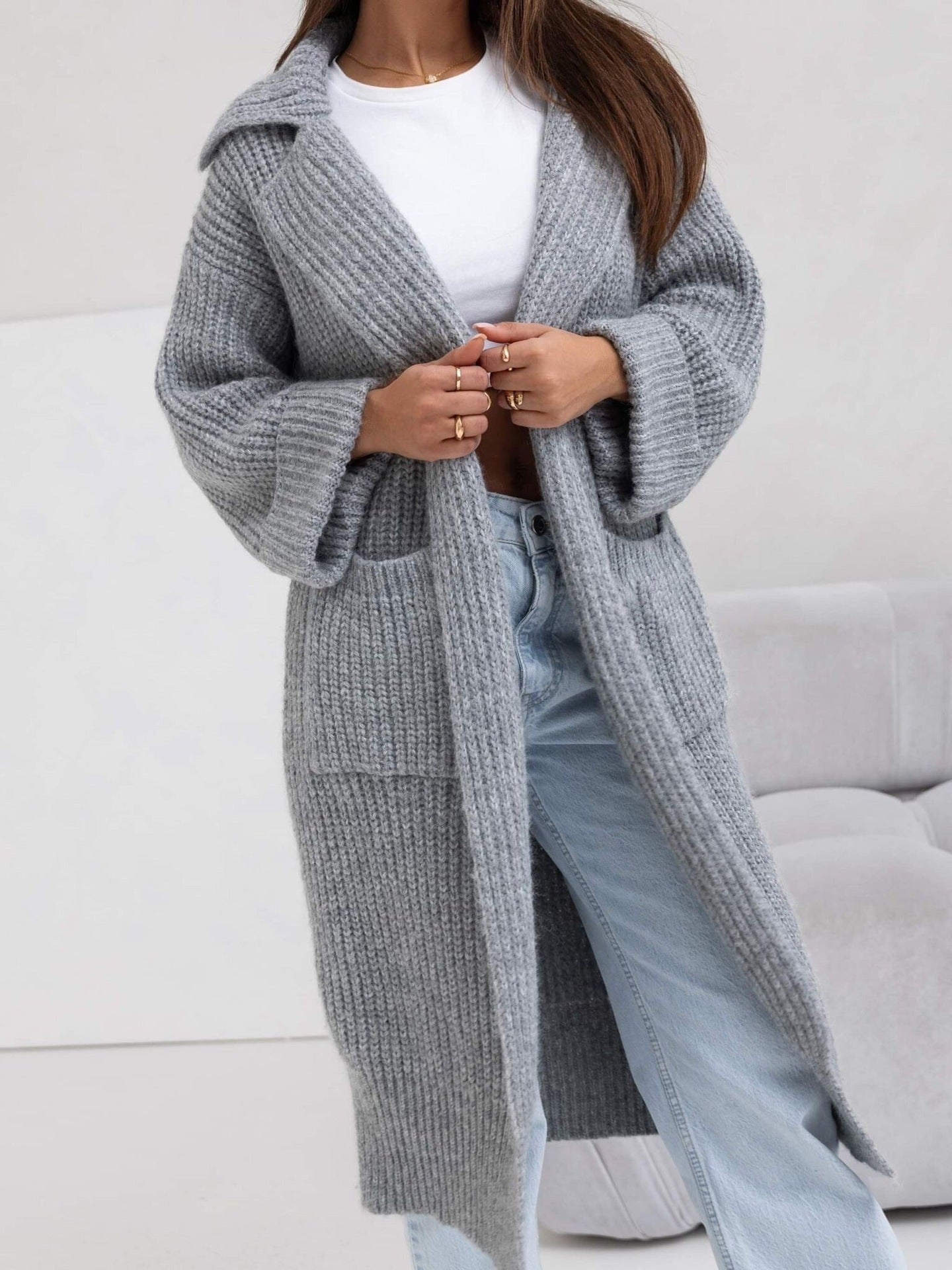 WW | Long Knit Coat Oversized Fit with Hood and Pocket Details