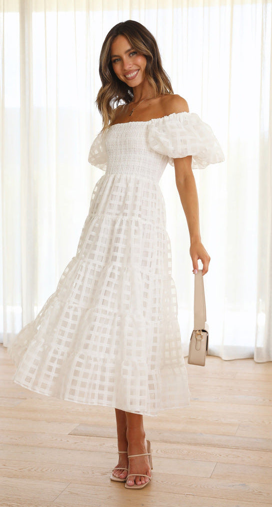 WW | Damenkleid mit Einem Hals Lanternenärmel Lagennähte Kleid