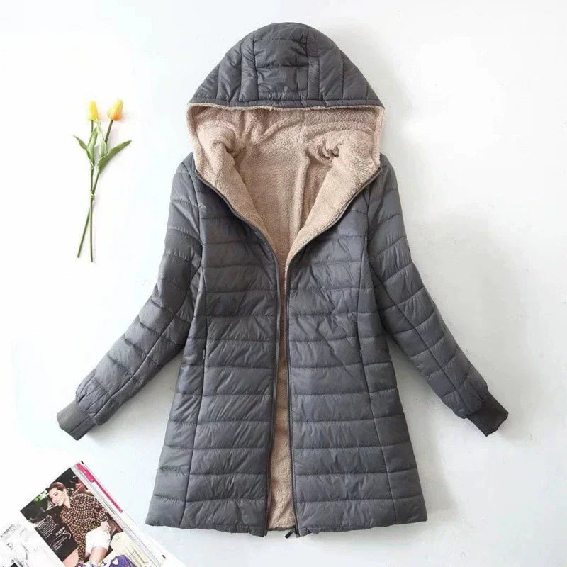 WW | Damen Pufferjacke – Gepolstertes Warmdesign – Plüschfutter – Kapuze Mittellanger Schnitt