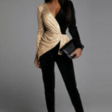 WW | Solid Color Temperament Pendulum High-waisted Sequin Jumpsuit