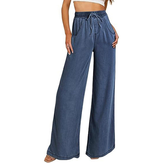 Damen weite Jeanshose mit elastischem Bund und seitlichen Taschen WW