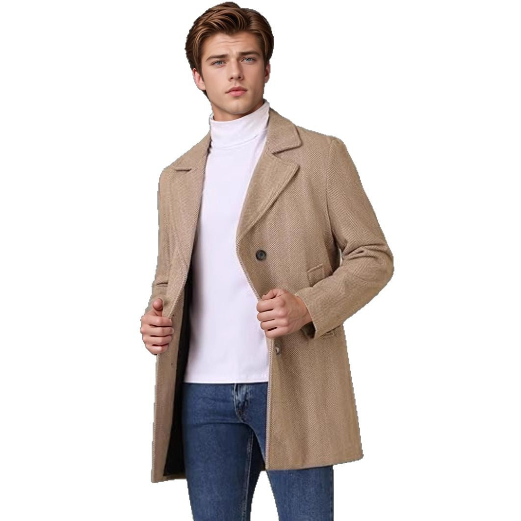 Men's elegant double-breasted coat with textured herringbone pattern WW