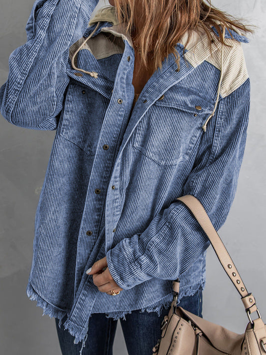 WW | Jacke mit Kapuze - Oversized Fit - Cord-Textur - Knopfverschluss - Fransenrand