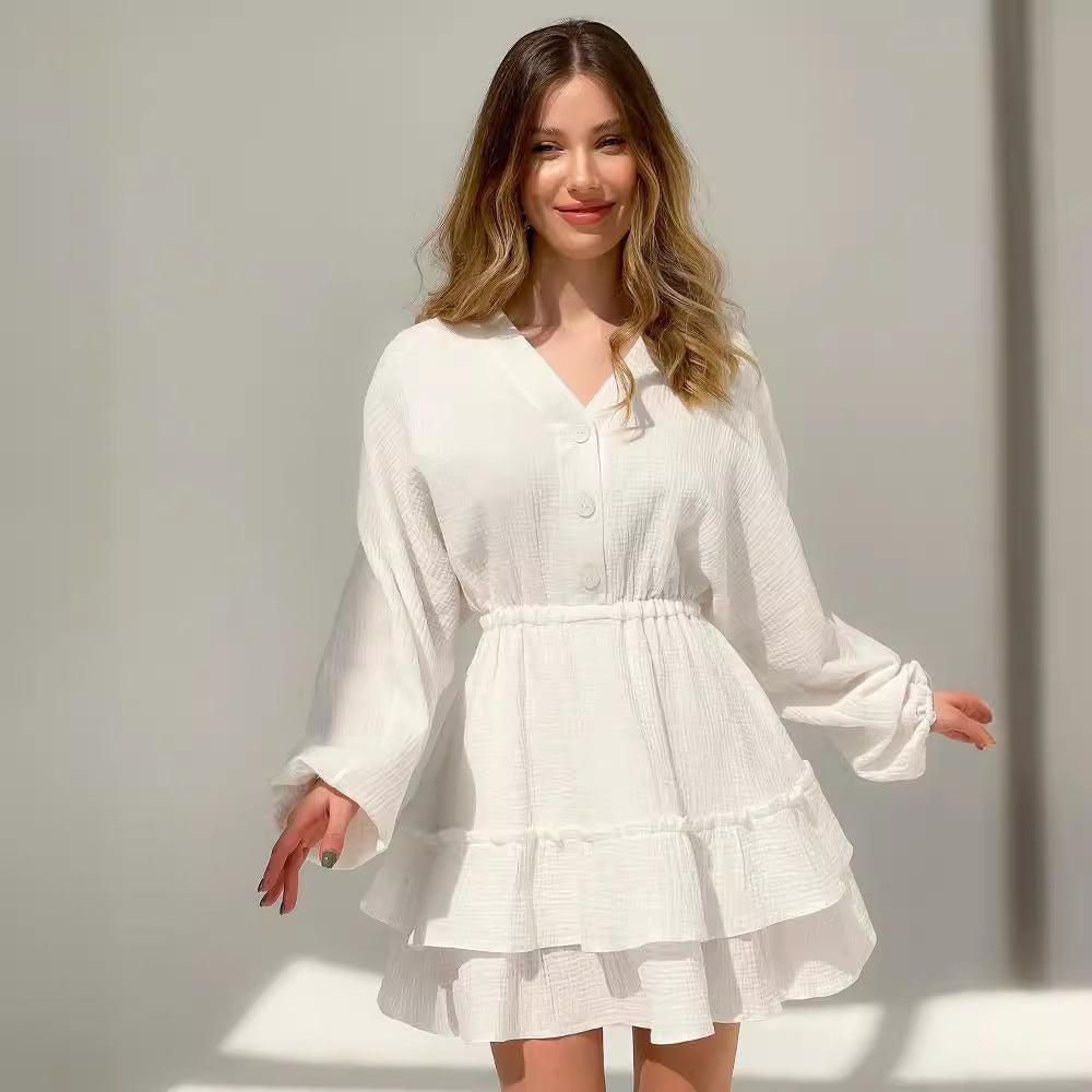 Damen lässiges Babydoll Kleid mit Knopfdetails und voluminösen Ärmeln WW
