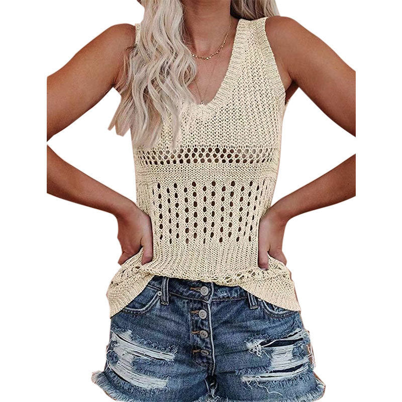 Damen luftiges Stricktop mit V-Ausschnitt und feinen Lochmustern WW