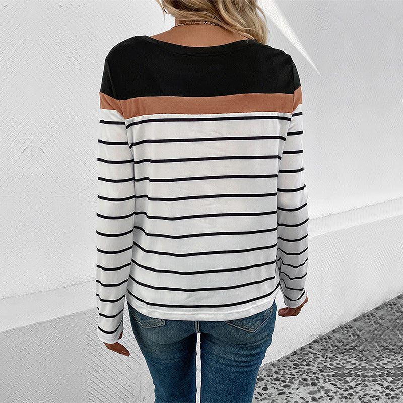 Women's long-sleeve shirt with a fashionable striped pattern and elastic cuffs WW