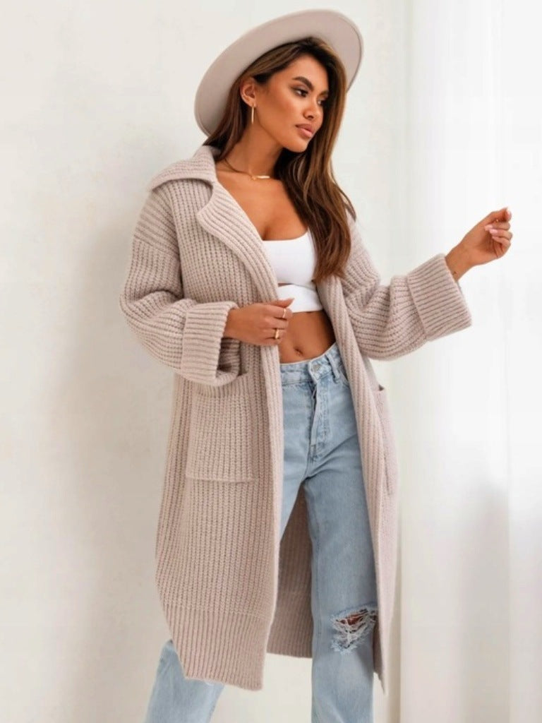 WW | Long Knit Coat Oversized Fit with Hood and Pocket Details