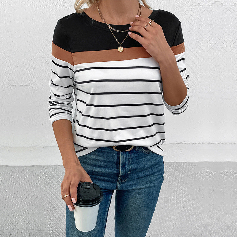 Women's long-sleeve shirt with a fashionable striped pattern and elastic cuffs WW