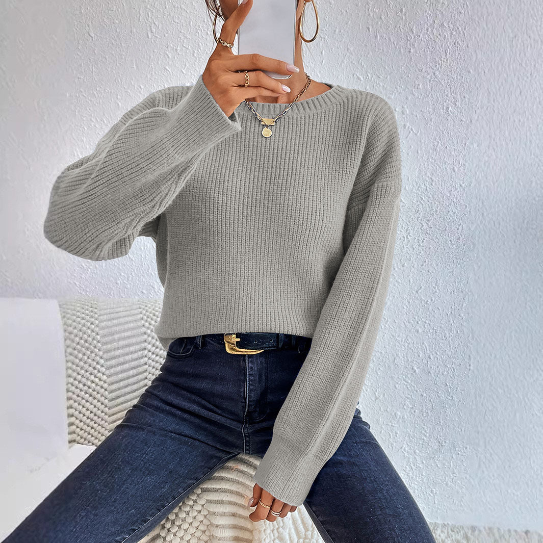 Women's Casual Loose Fit Knit Sweater with Elegant Rib Details WW