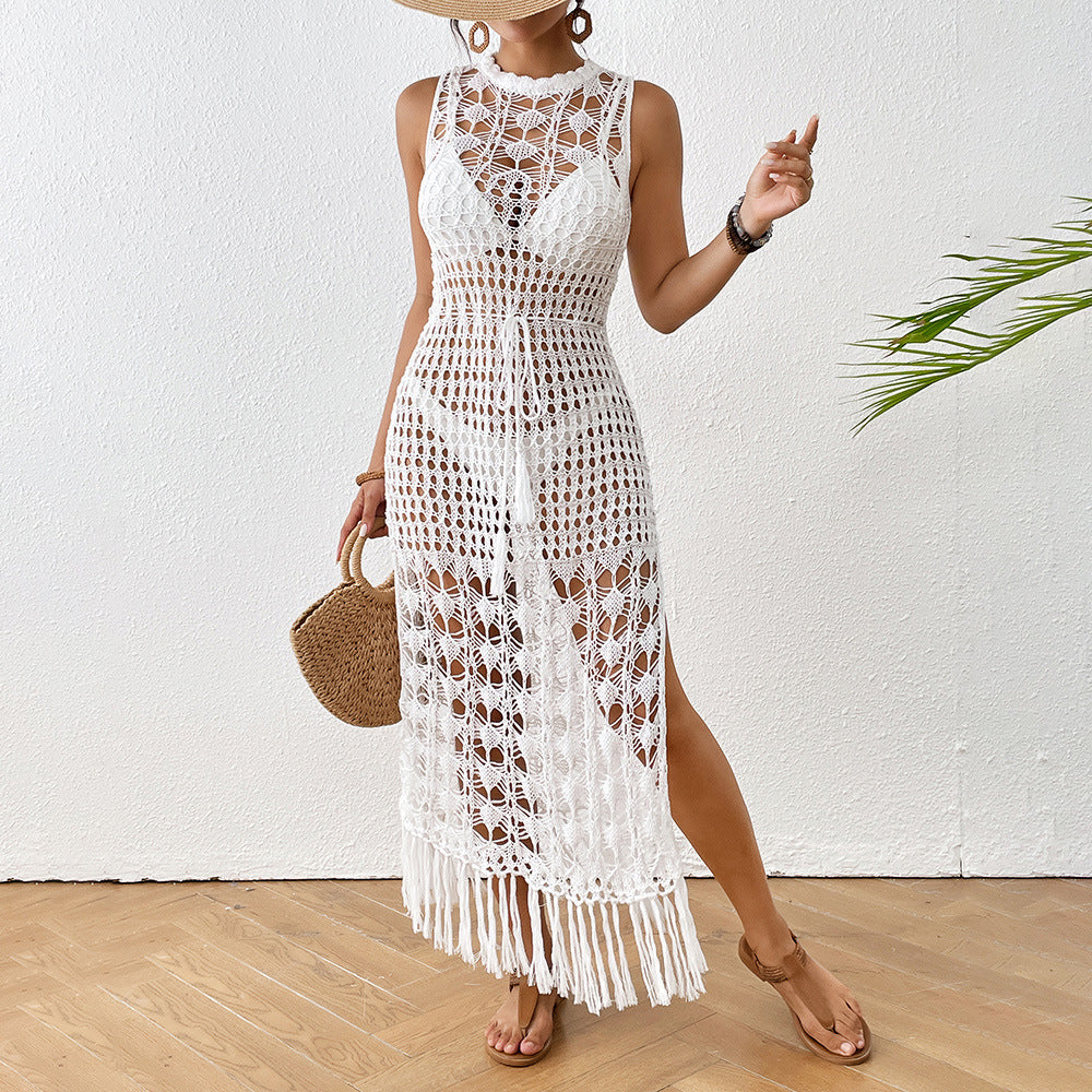 Damen gehäkeltes Strandkleid mit tiefem Schlitz und fransigen Akzenten WW