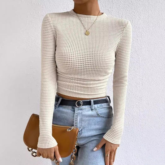 WW | Long-Sleeve T-Shirt Slim Fit Soft Textured Knit Ruffle Pocket Cropped