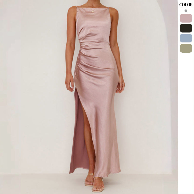 Damen Maxikleid mit elegantem Satin-Finish und hoch geschnittenem Schlitz WW