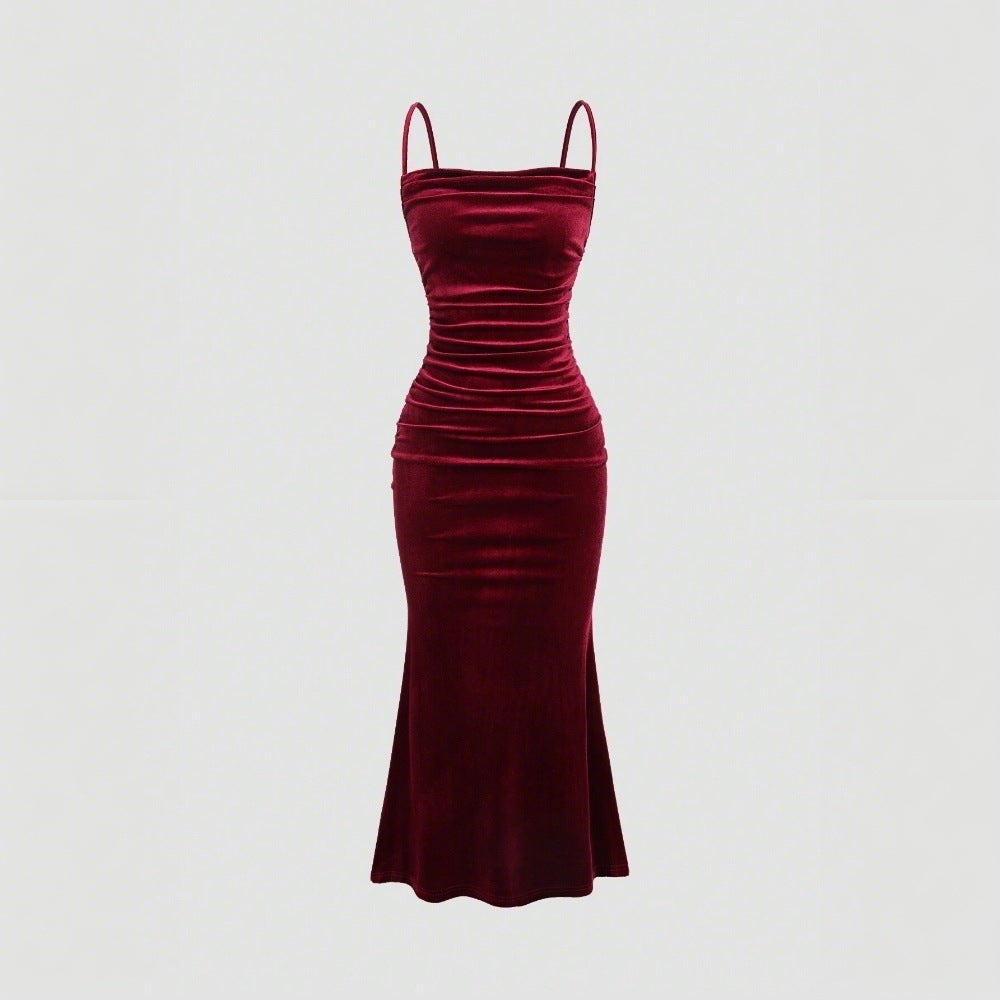 Damen Elegantes Samt-Maxi-Kleid mit figurbetontem Schnitt und raffinierten Raffungseffekten W&W