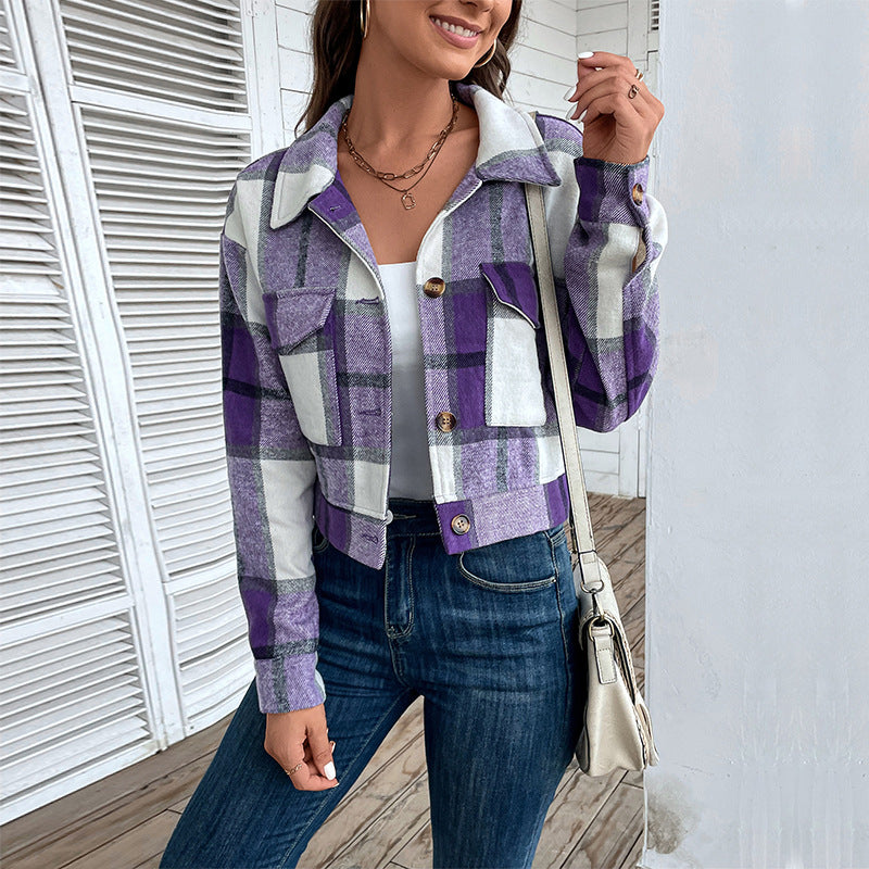 Damen cropped Karo-Jacke mit praktischen Taschen und modischen Details WW