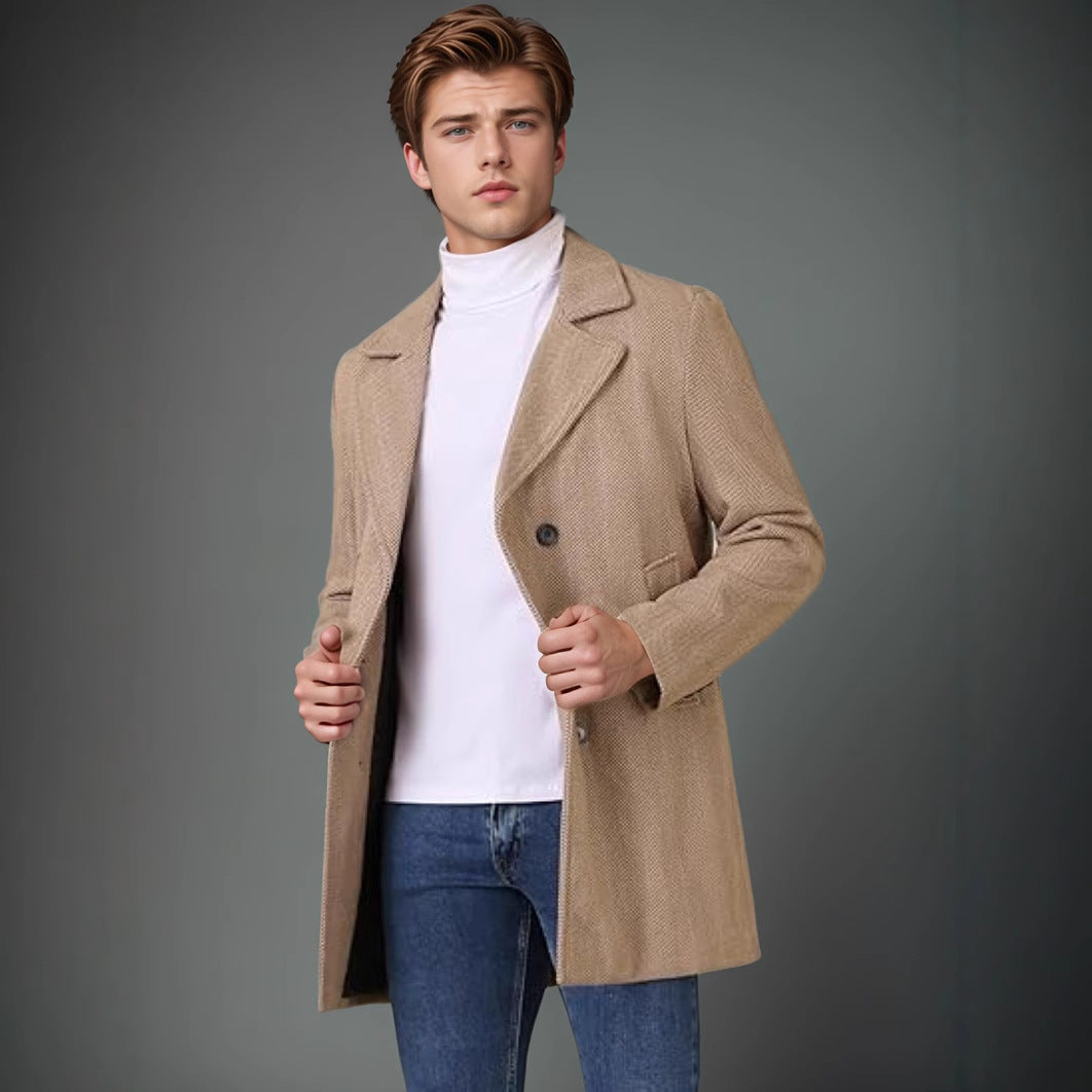 Men's elegant double-breasted coat with textured herringbone pattern WW