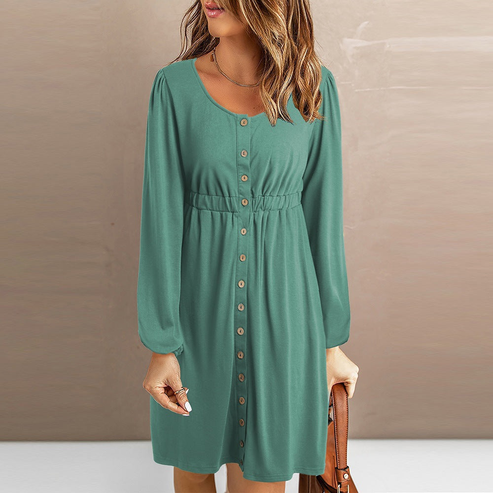 Damen knielanges Kleid mit Knopfdetails und elastischem Taillenzug WW