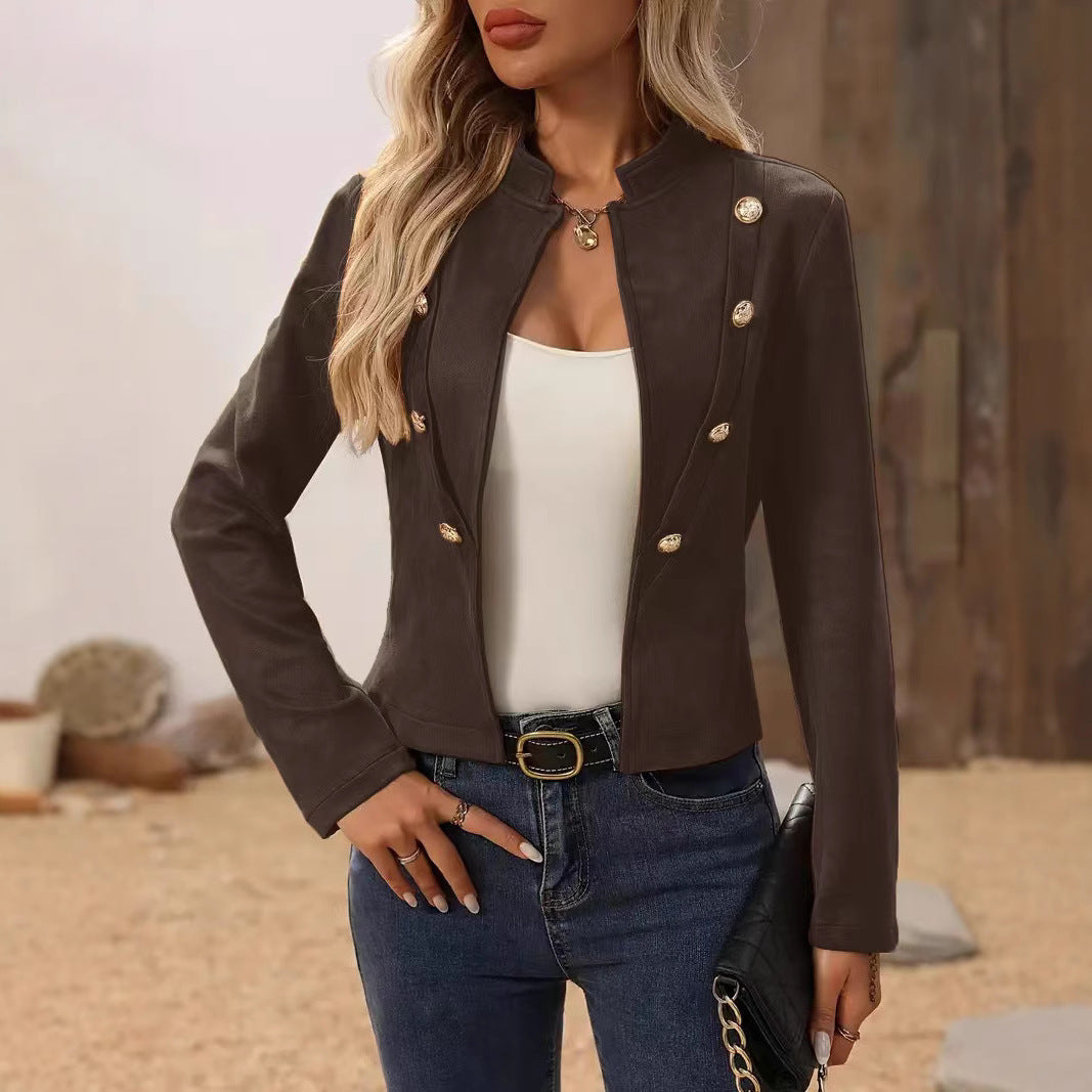 WW | Damen Kurze Blazer Jacke Knopfverschluss Kragen