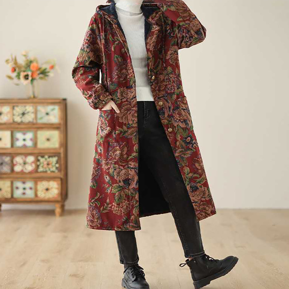 WW | Langer Mantel im Vintage-Stil mit Blumendruck