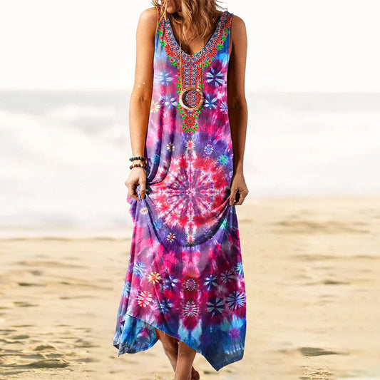 Damen Freizeit-Maxikleid mit buntem Batik-Design und eleganter Stickerei WW