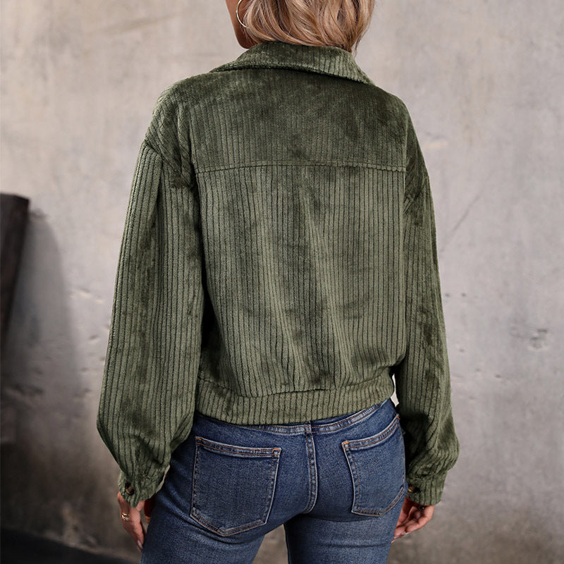 Women's casual corduroy look cardigan with decorative buttons and two chest pockets WW