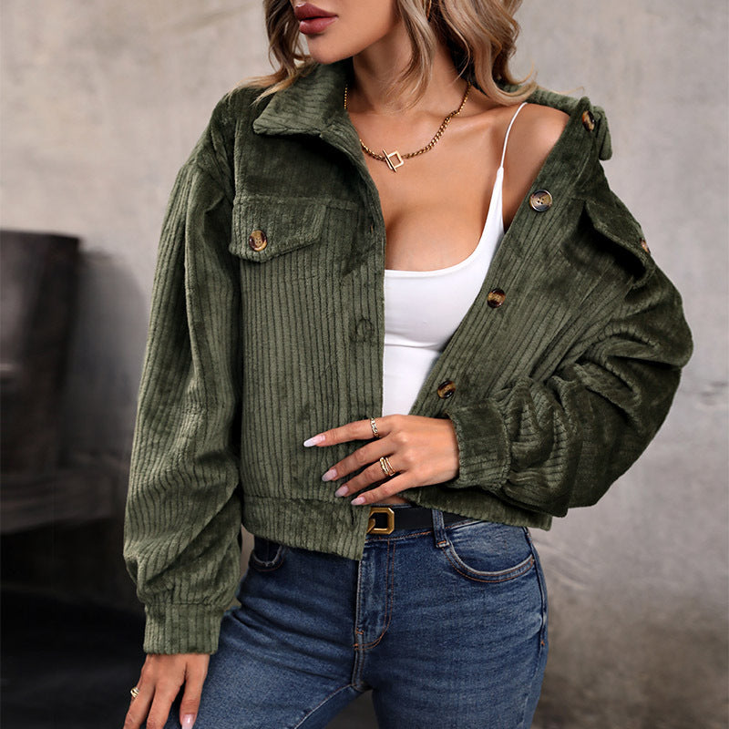 Women's casual corduroy look cardigan with decorative buttons and two chest pockets WW