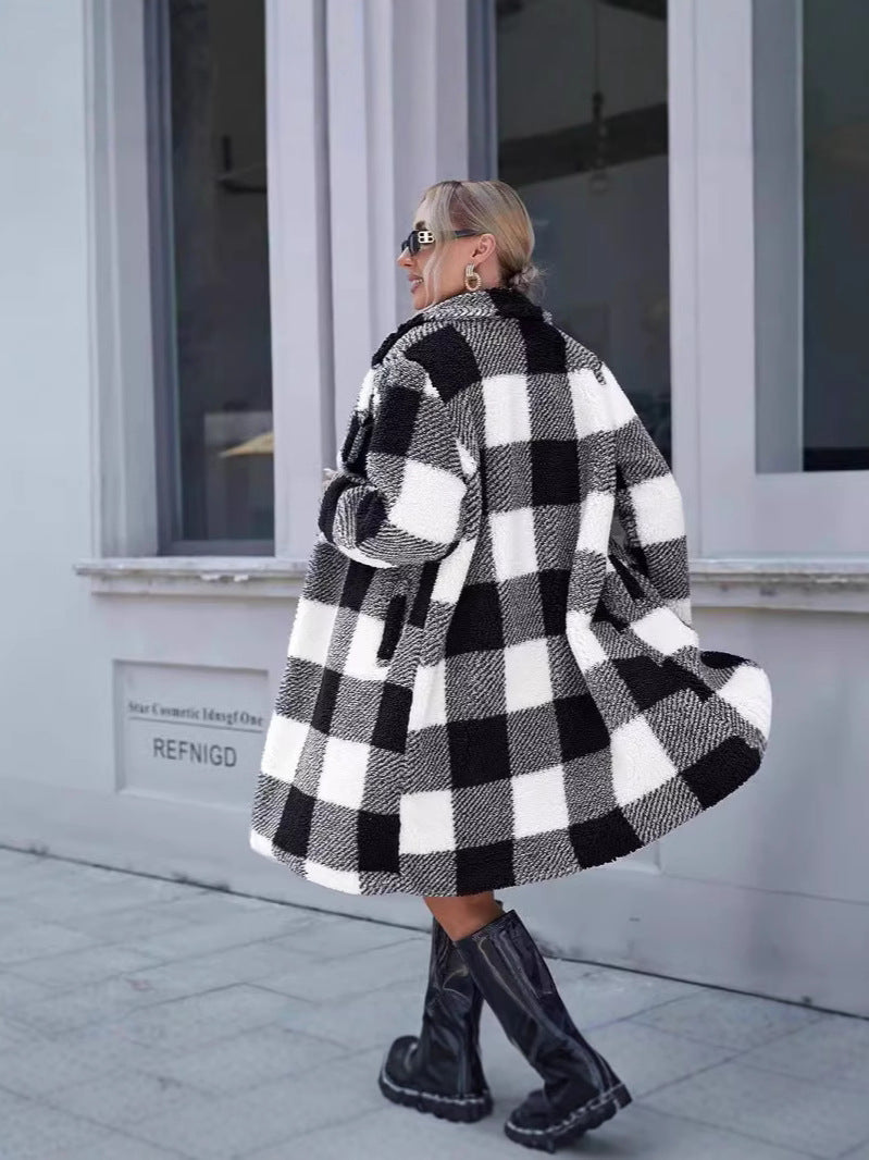 WW | Long Oversized Sherpa Look Plaid Coat Lapel Collar