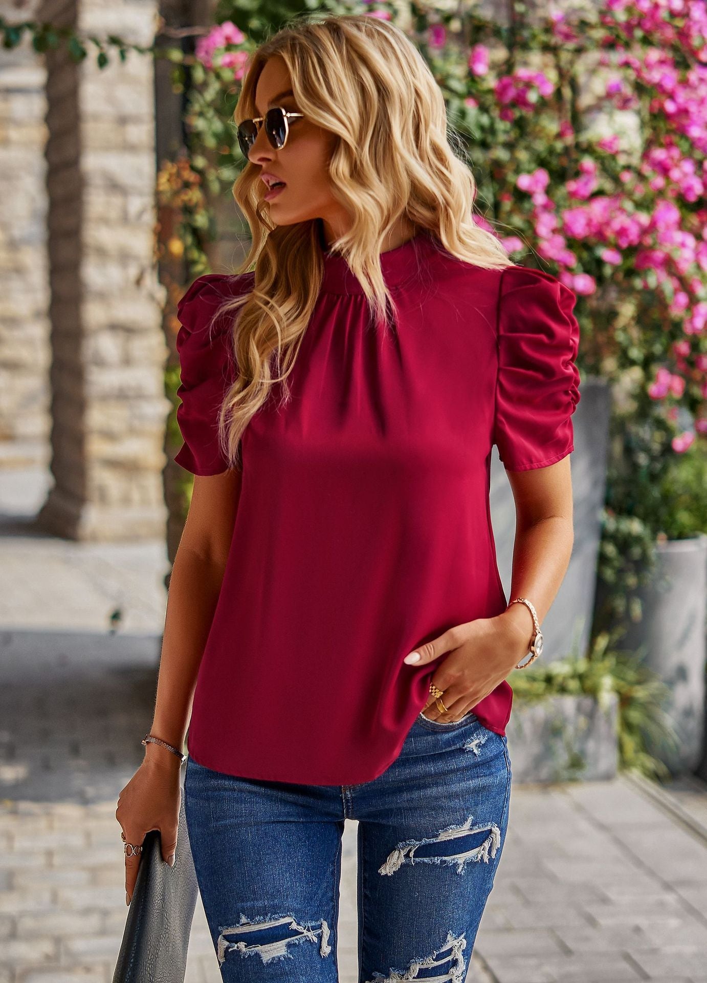 Women's Elegant Top with Ruched Puff Sleeves WW