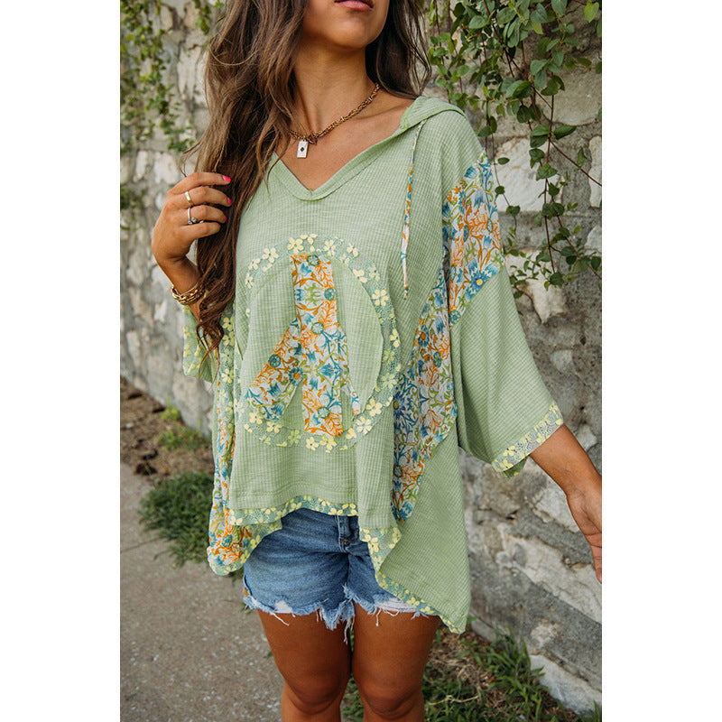 Damen lässiges Kapuzenoberteil mit blumigem Peace-Design WW