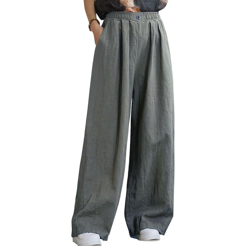 Damen weite Leinenhose mit elastischem Bund und femininen Falten WW