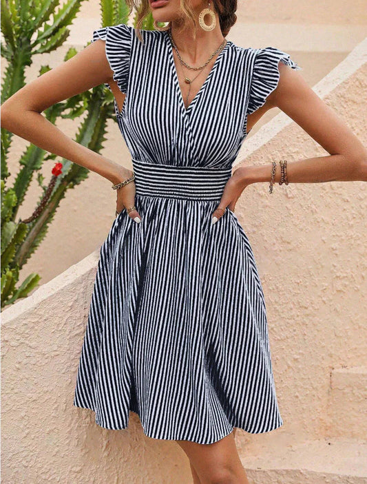 WW | Elegantes Gestreiftes Kleid Mit Volantärmeln