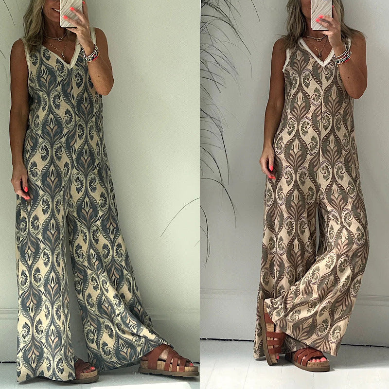 Women's Jumpsuit with Wide Leg and Elegant Leaf Pattern WW