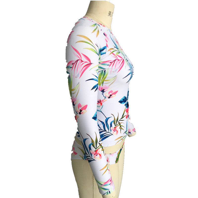 Damen Sportlicher Rashguard-Bikini-Set mit langem Arm und floralem Design WW