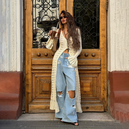 WW | Strick Lange Cardigan mit Loch Ausgestellte Ärmel für Damen