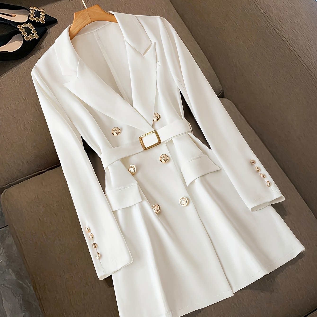 WW | Blazer Dress Tailored Belt at Waist Double-Breasted Long Sleeves