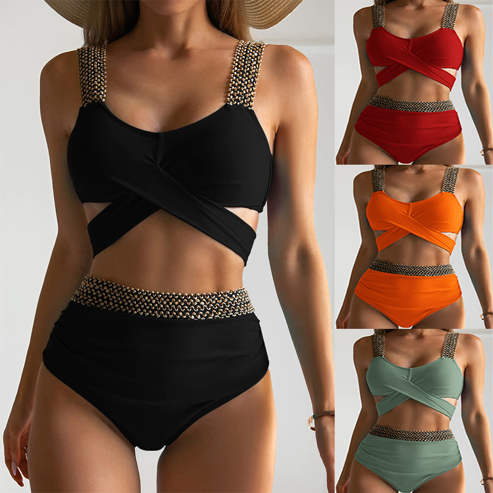 Damen Hochgeschnittener Bikini mit modischem Wickeloberteil und glamourösen Akzenten WW