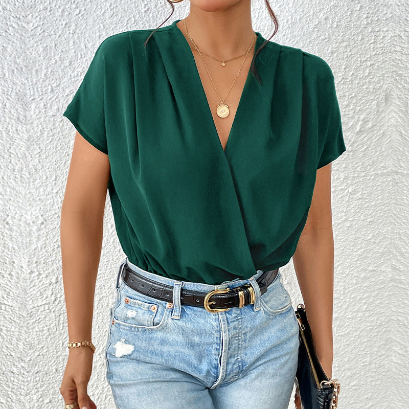 Damen Wickel-Bodysuit mit V-Ausschnitt und eleganten Puffärmeln WW