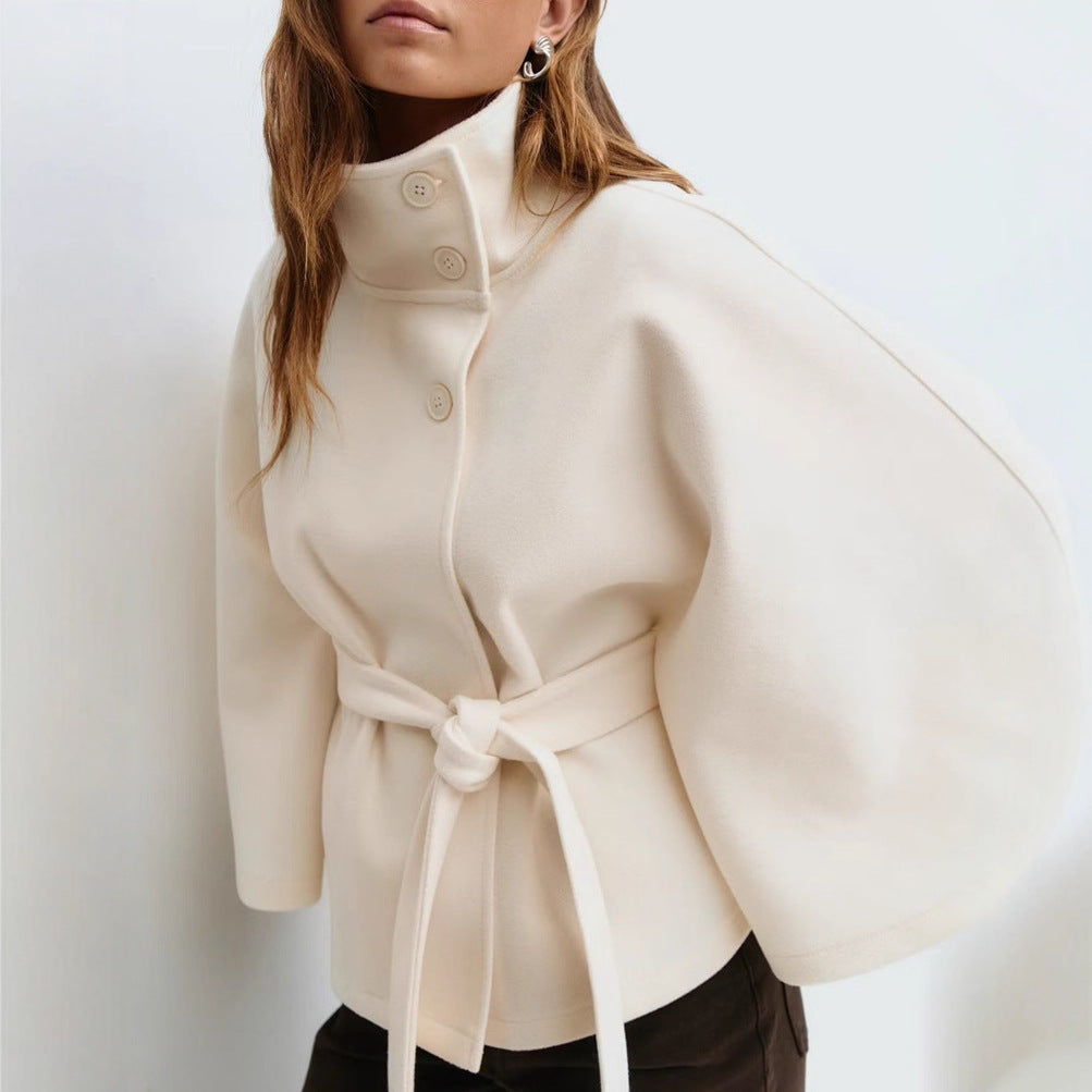 Damen Eleganter und bequemer Kapuzenmantel mit Gürtel und weiten Ärmeln WW