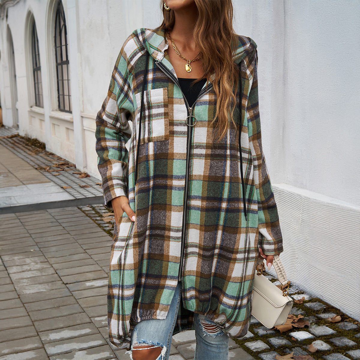 Women's Plaid Long Jacket with Hood and Pockets WW