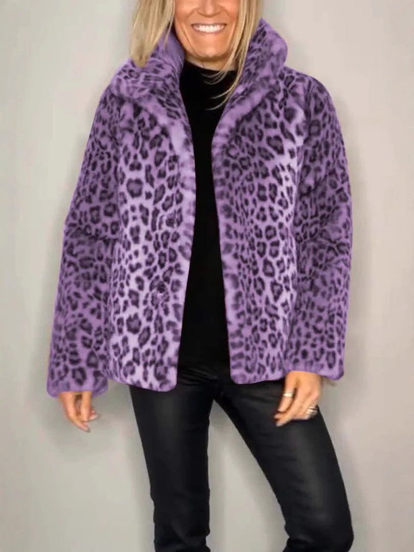 Damen Flauschige Leopardmuster Jacke mit hohem Kragen WW