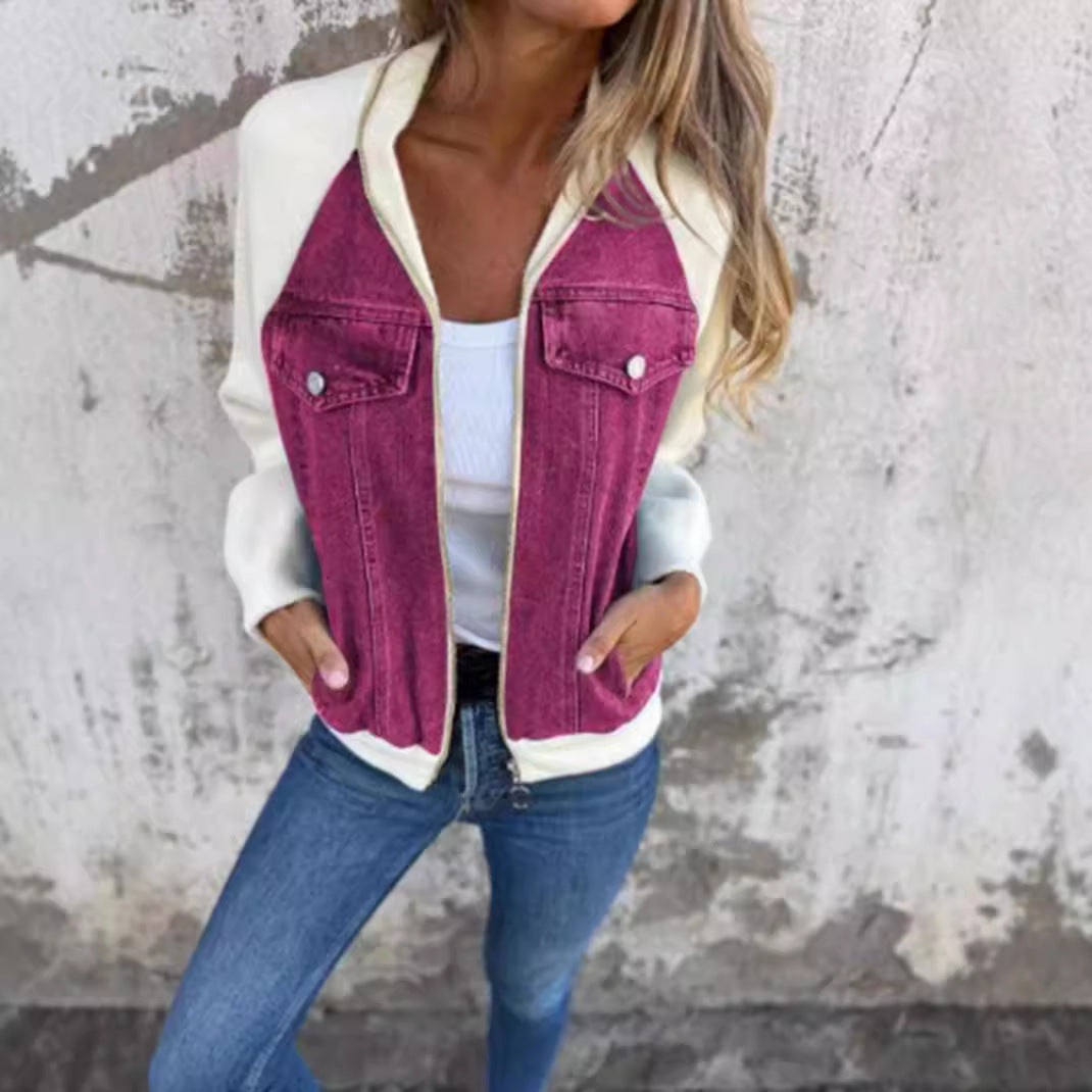 Damen Denim-Jacke mit kontrastfarbenen Ärmeln und praktischen Taschen WW