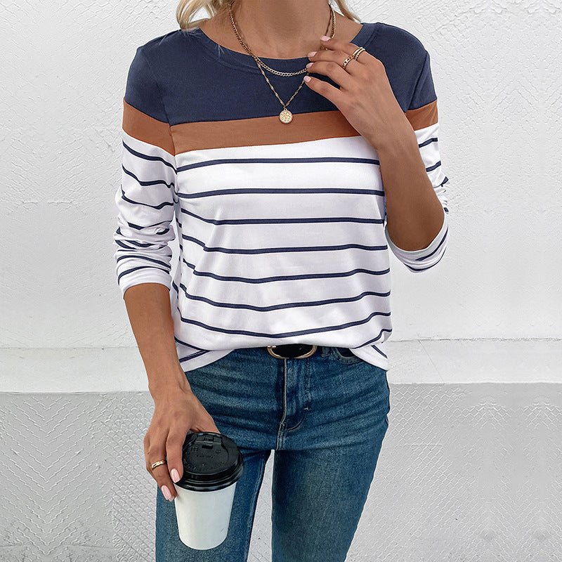 Women's long-sleeve shirt with a fashionable striped pattern and elastic cuffs WW