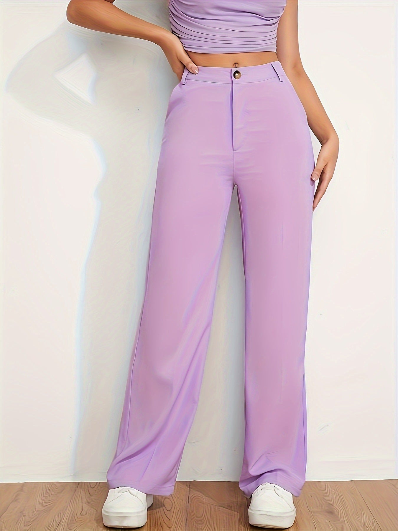 Damen weite Hochbundhose mit eleganter Knopfdetaillierung WW