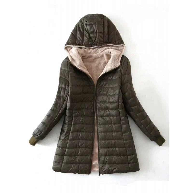 WW | Damen Pufferjacke – Gepolstertes Warmdesign – Plüschfutter – Kapuze Mittellanger Schnitt