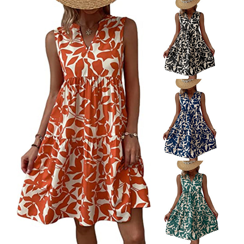 Damen luftiges ärmelloses Sommerkleid mit floralen Mustern und weitem Schnitt WW