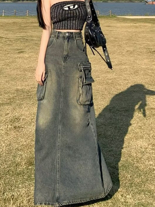 Women's Long Denim Skirt with High Waist and Practical Pockets WW