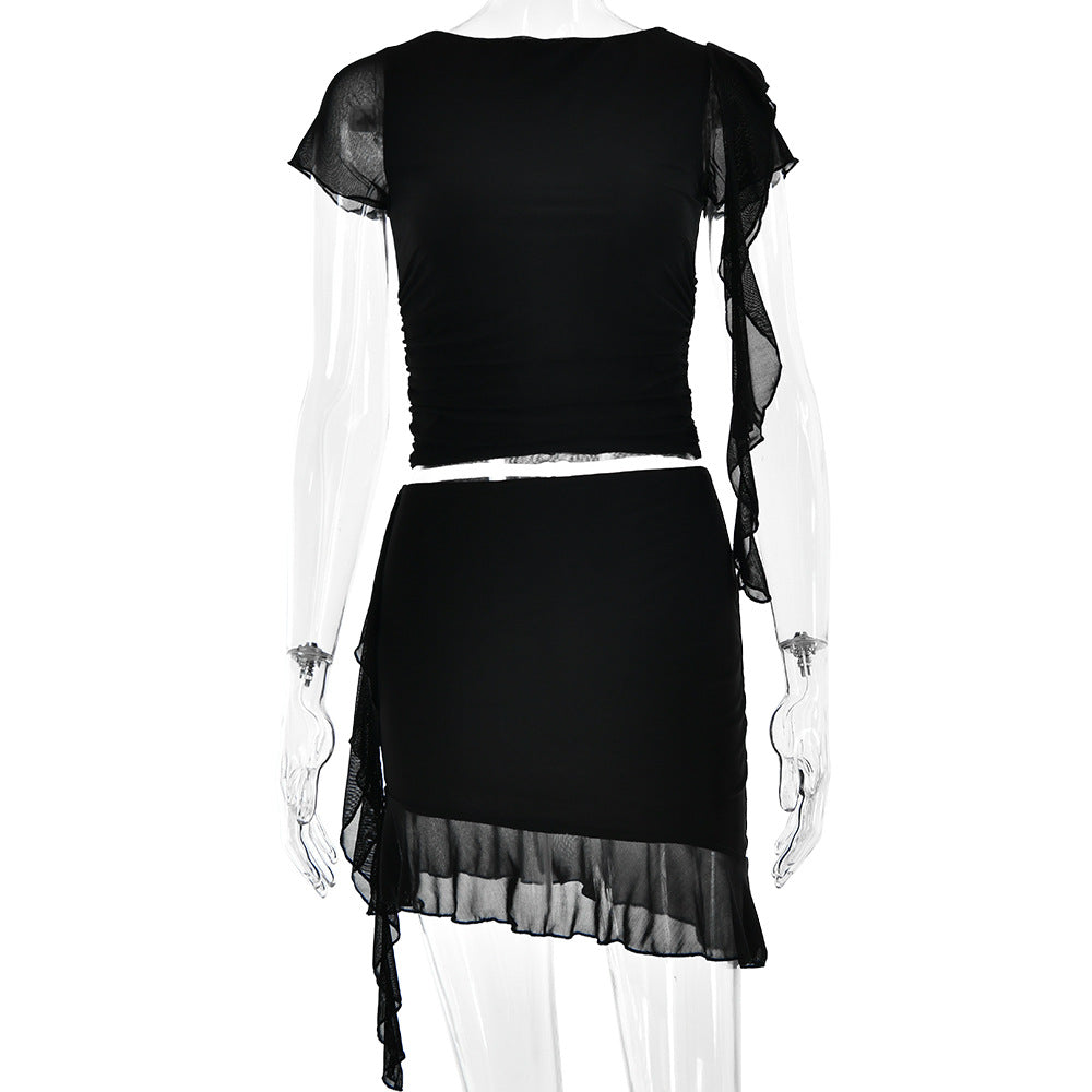 Damen Crop-Top und Minirock mit asymmetrischem Saum und Rüschendetails W&W