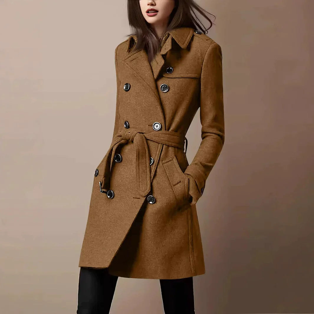 WW | Women's Coat – Slim Fit Wool Blend – Double-breasted – Belted Waist – Mid-thigh Length